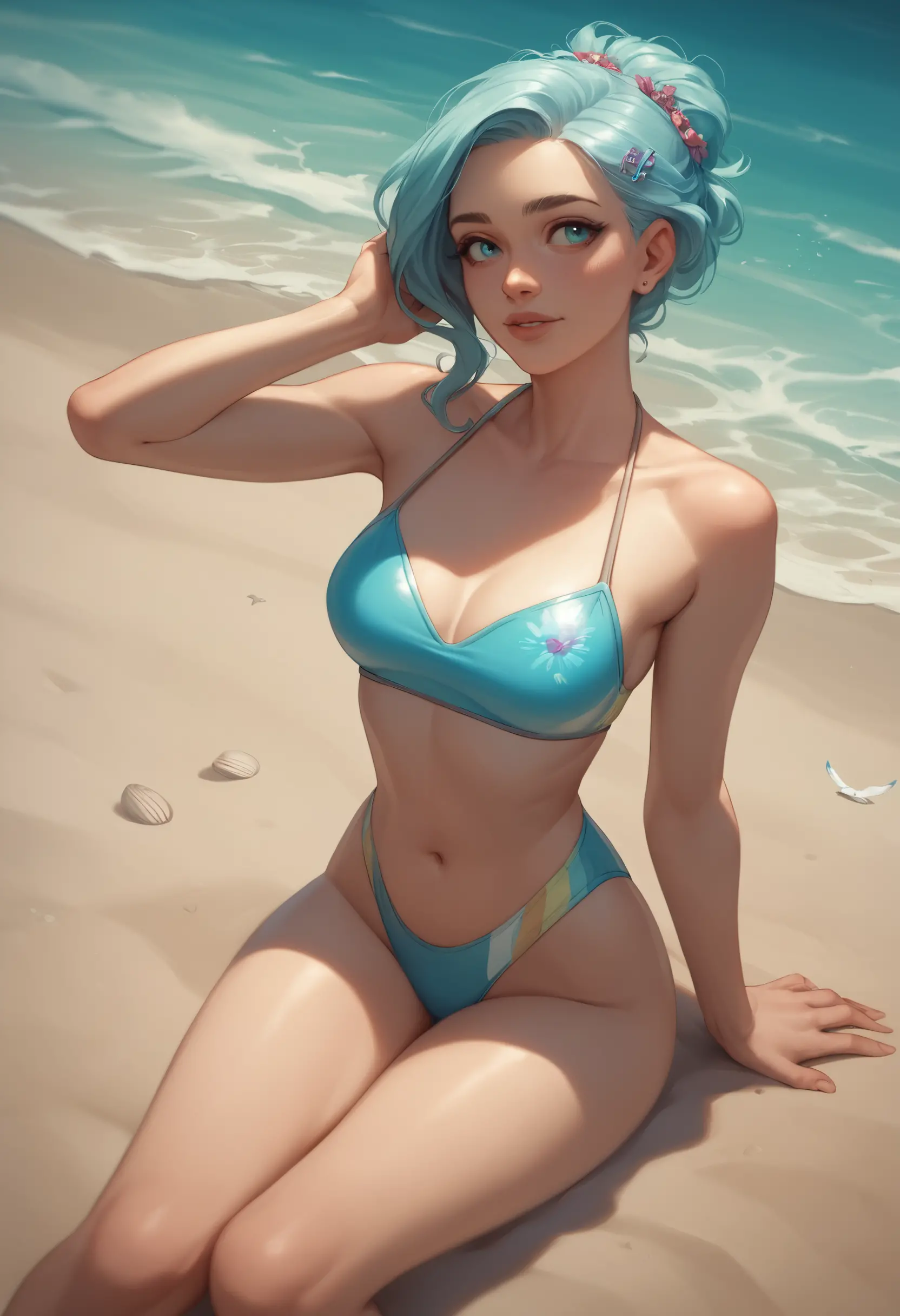 Young woman relaxing on sandy beach with lemonade
