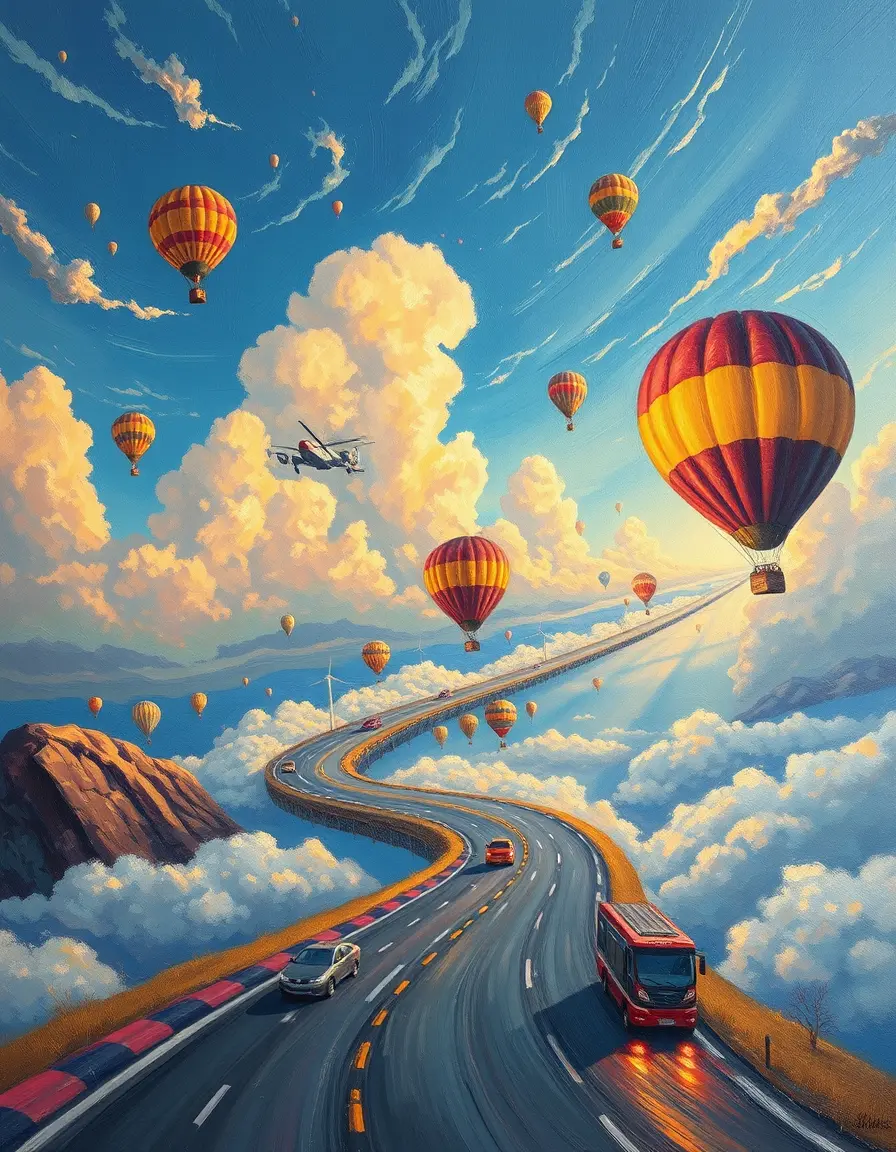 Floating cloud roads and airships in a colorful sky
