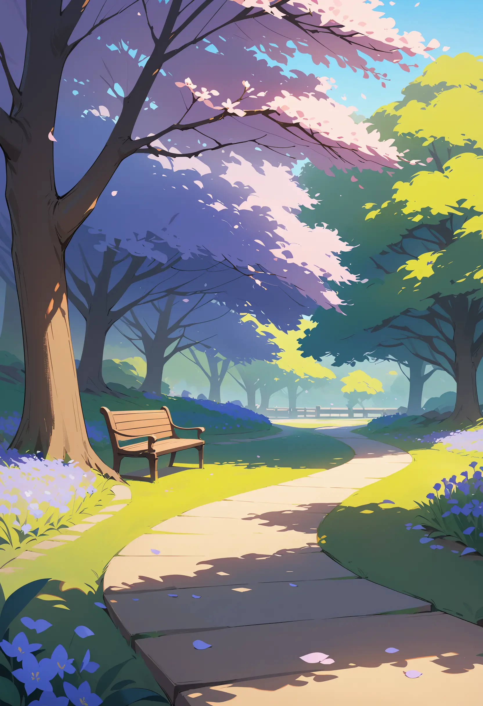 Empty park bench beneath bluebell tree with falling petals