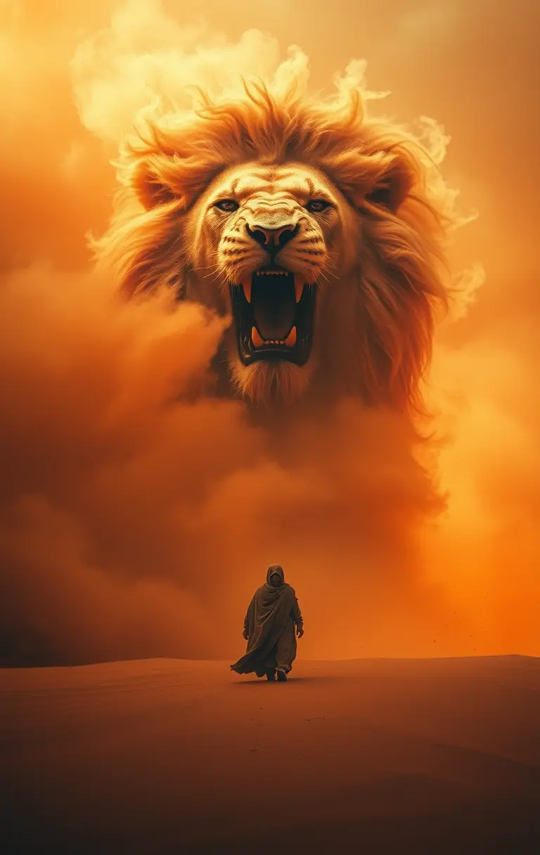 Roaring Sand Lion Confronted By Lone Desert Wanderer
