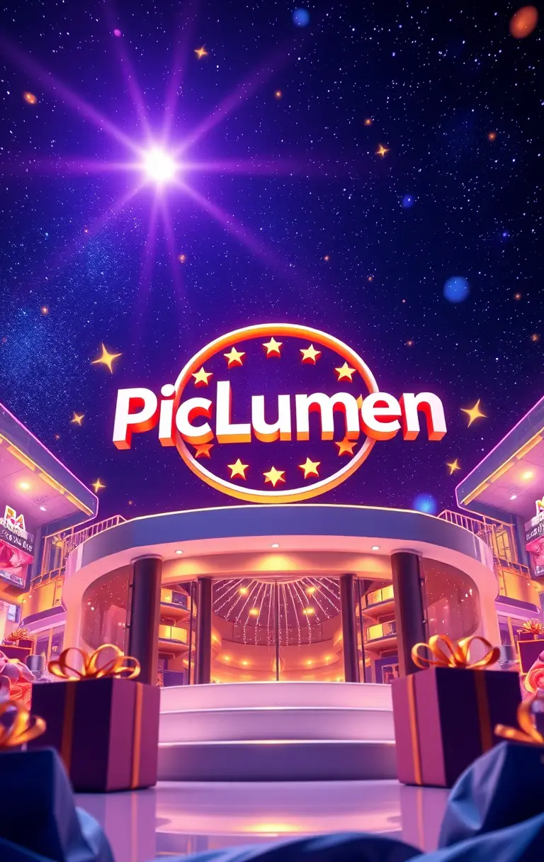 Three dimensional logo glowing in a cosmic shopping scene