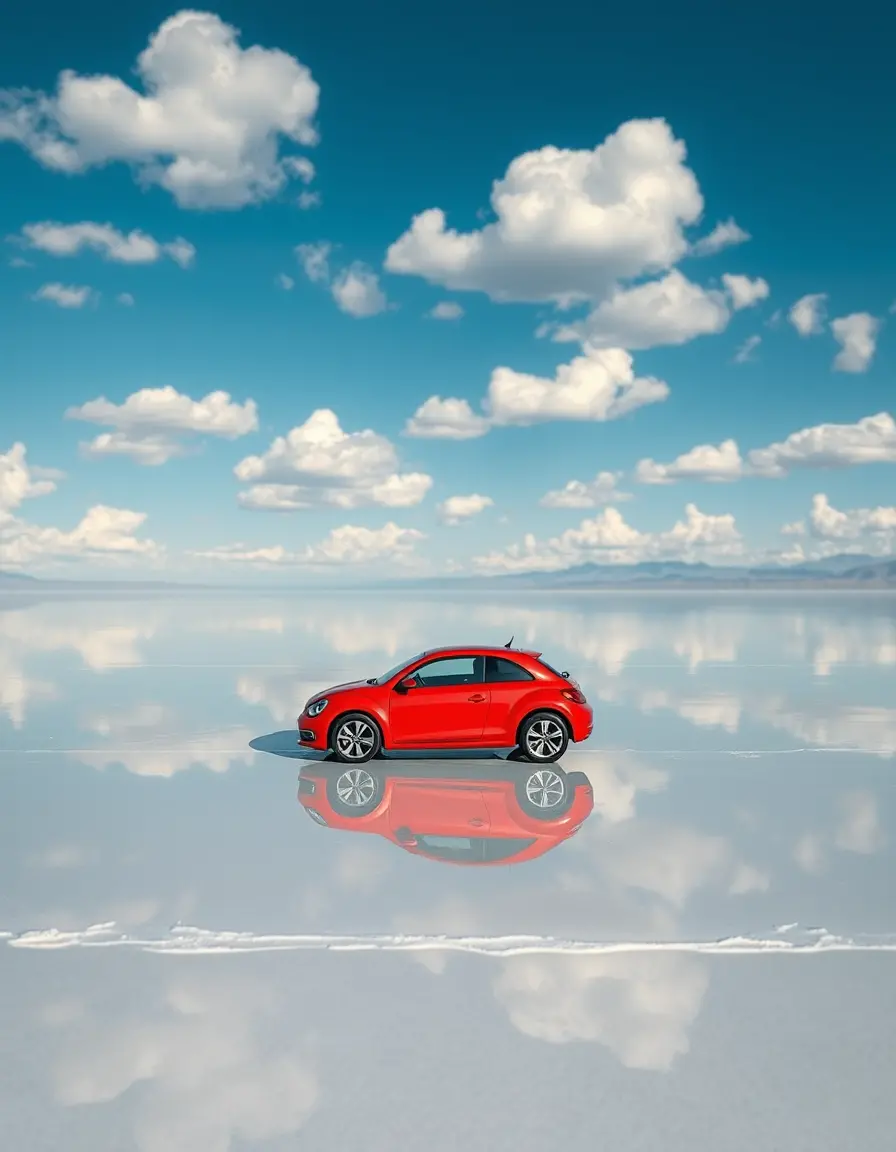 Red miniature car reflected on a tranquil salt lake