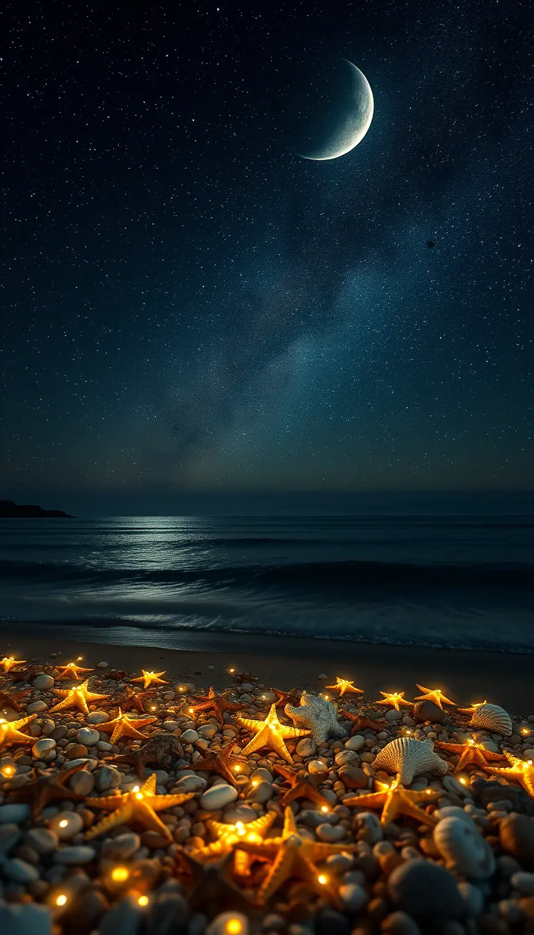 Romantic night beach under milky way and crescent moon