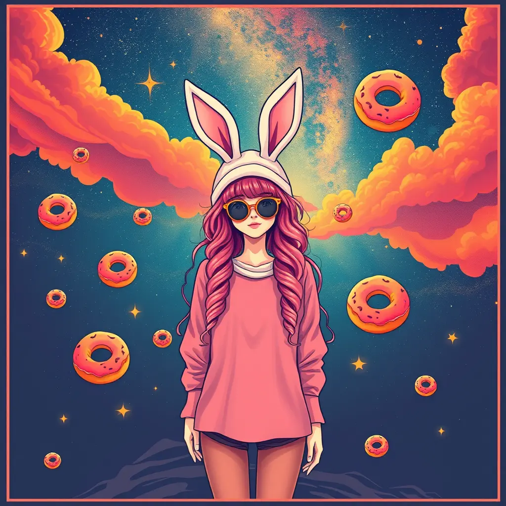 Hipster girl in space with donuts and cosmic sky