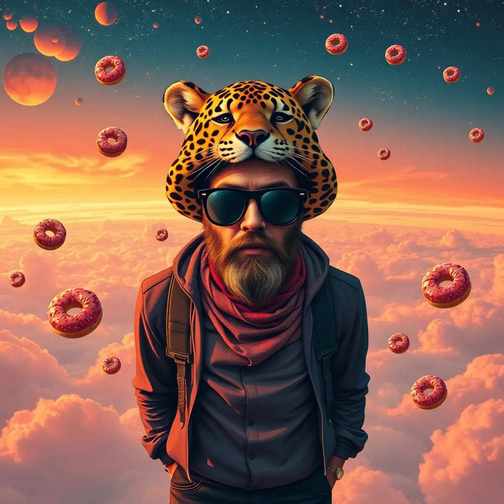 Hipster man in space with donuts and cosmic sky