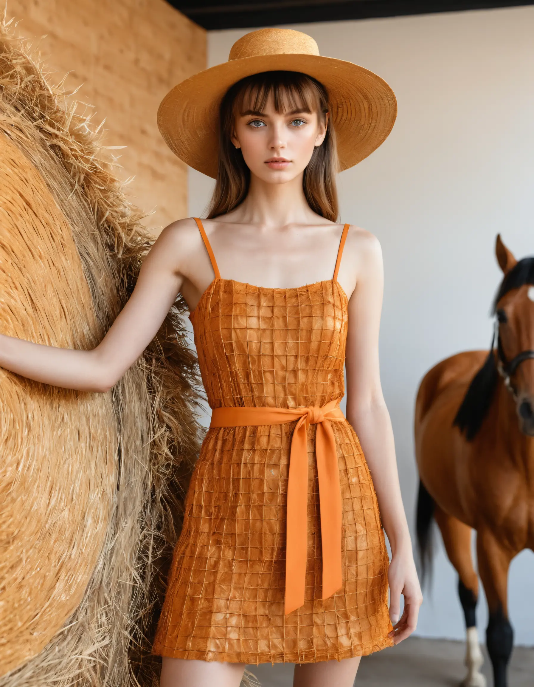 Woman in hay mini dress and straw hat in showroom