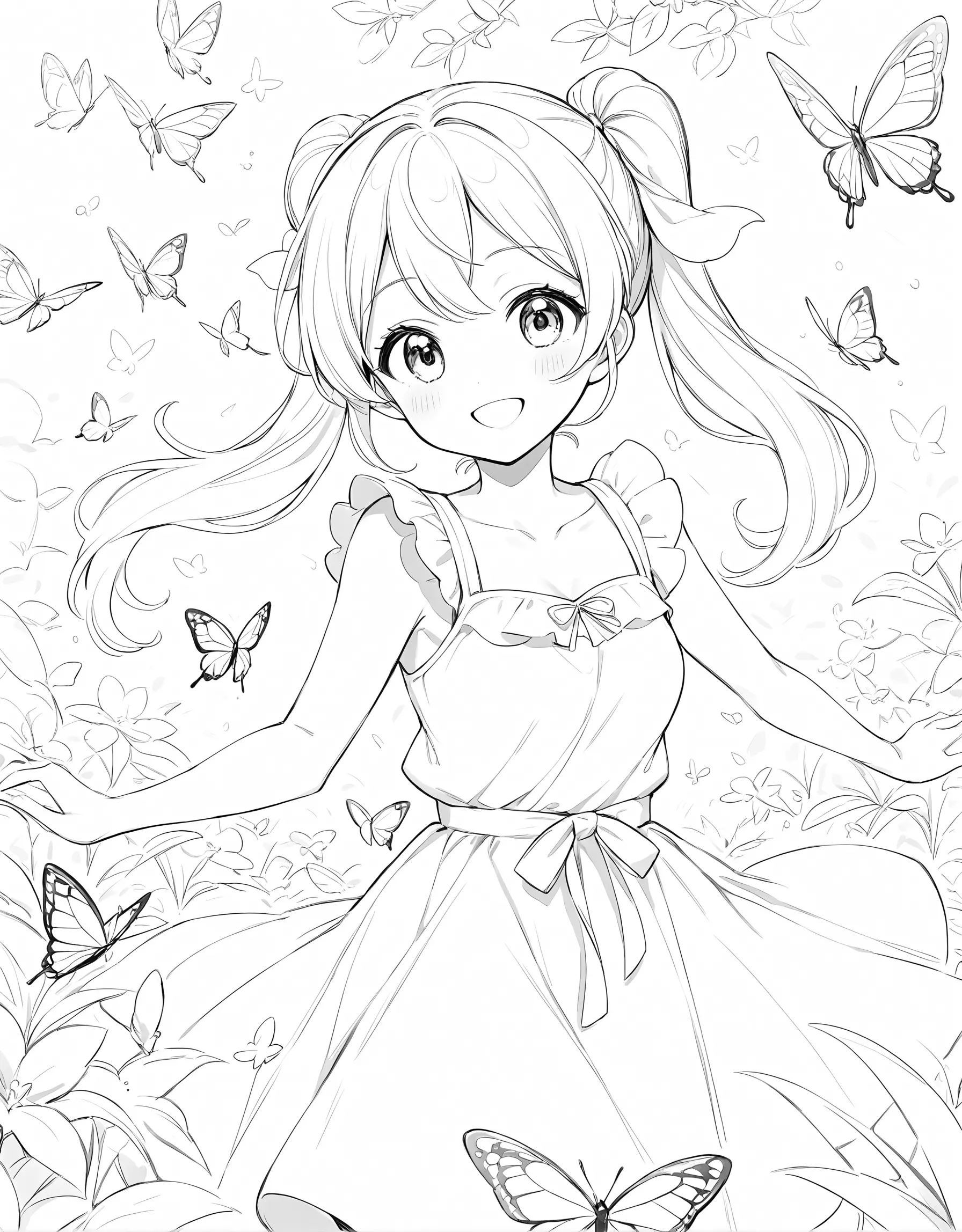 Cute anime girl in yellow dress in sunny garden