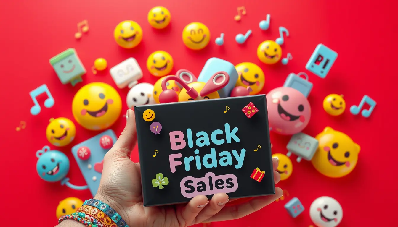 Colorful 3D Black Friday sale box with playful emojis