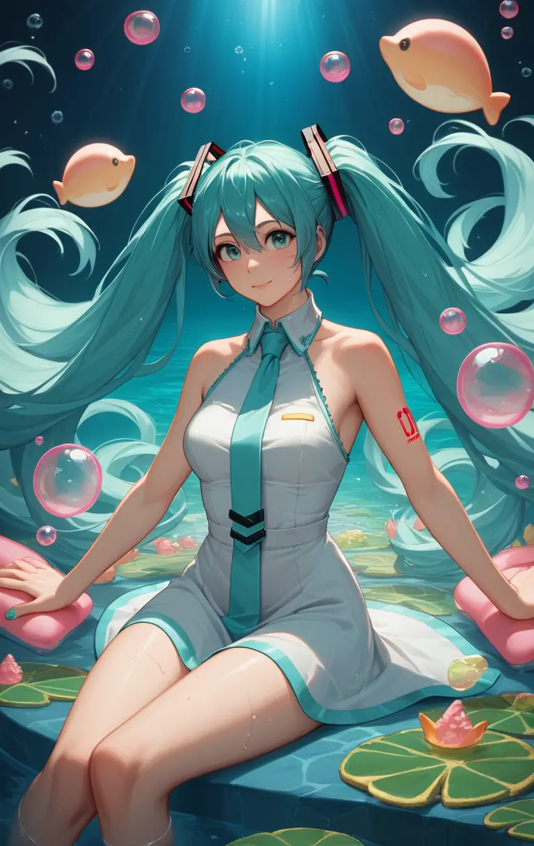 Anime girl with twin tails sitting on an ocean reef