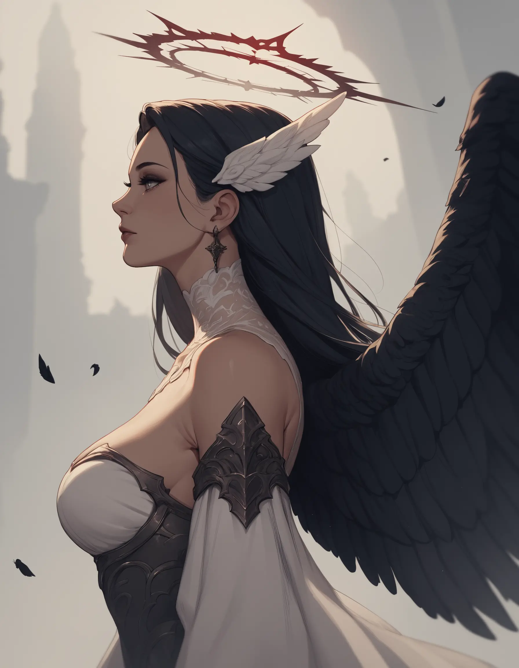 Dark fallen angel girl with huge black wings