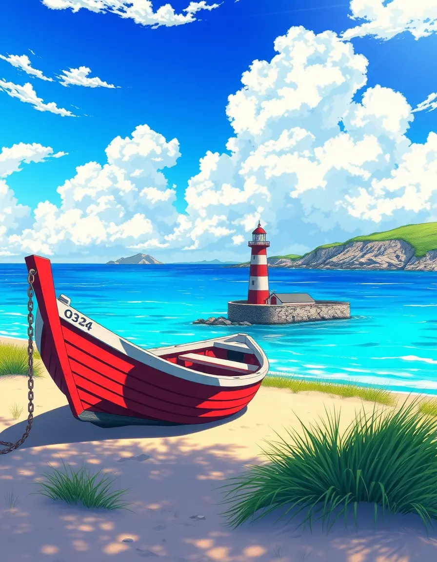 Red boat on sandy shore with distant lighthouse