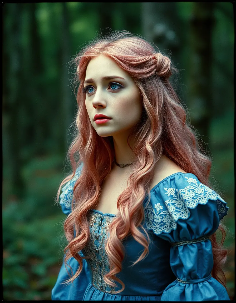 Sad fairy girl falling through a quiet forest