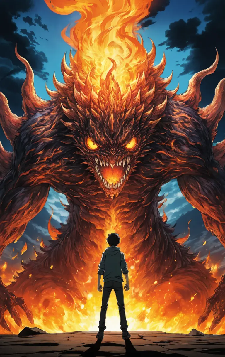 Anime boy facing a giant floating flame monster