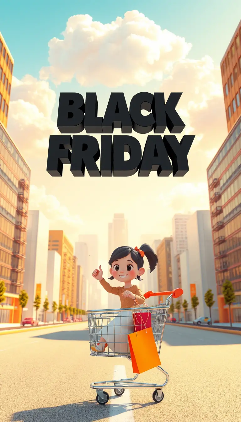 Cartoon 3d cityscape with girl in shopping cart