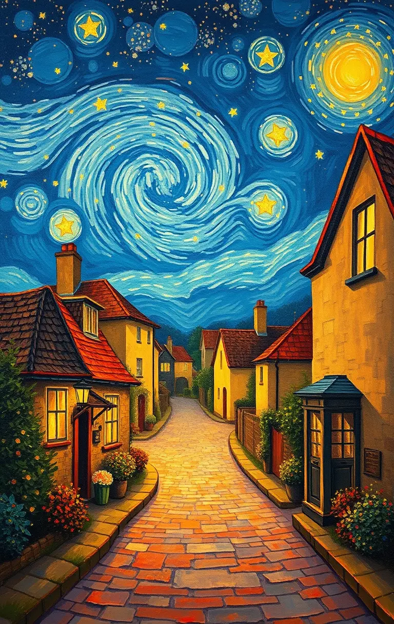 Starry Night Village In Warm Oil Painting Style