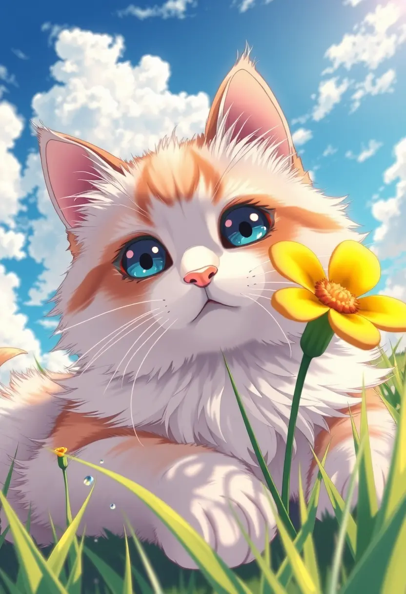 Cute fluffy anime cat in a bright flower field