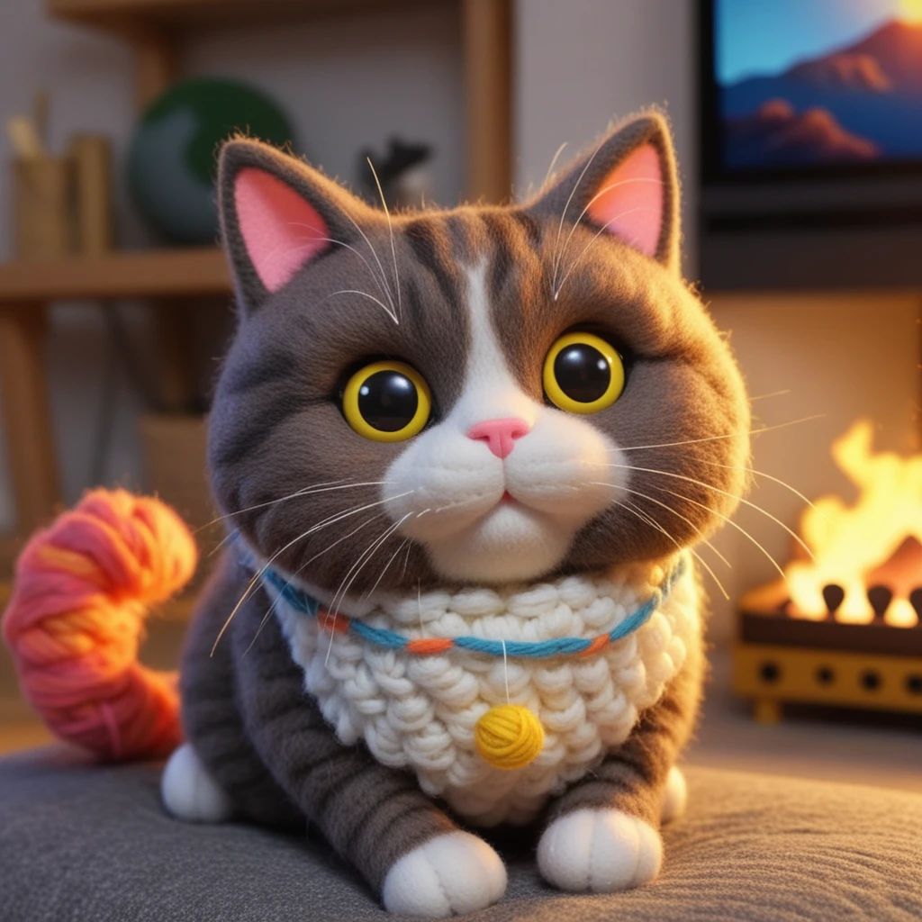 Cute 3D felt cat sitting on a cozy living room sofa