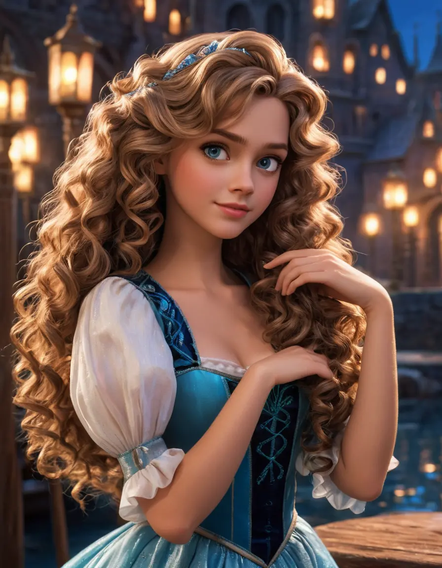 Cute girl with long curly hair in cartoon style