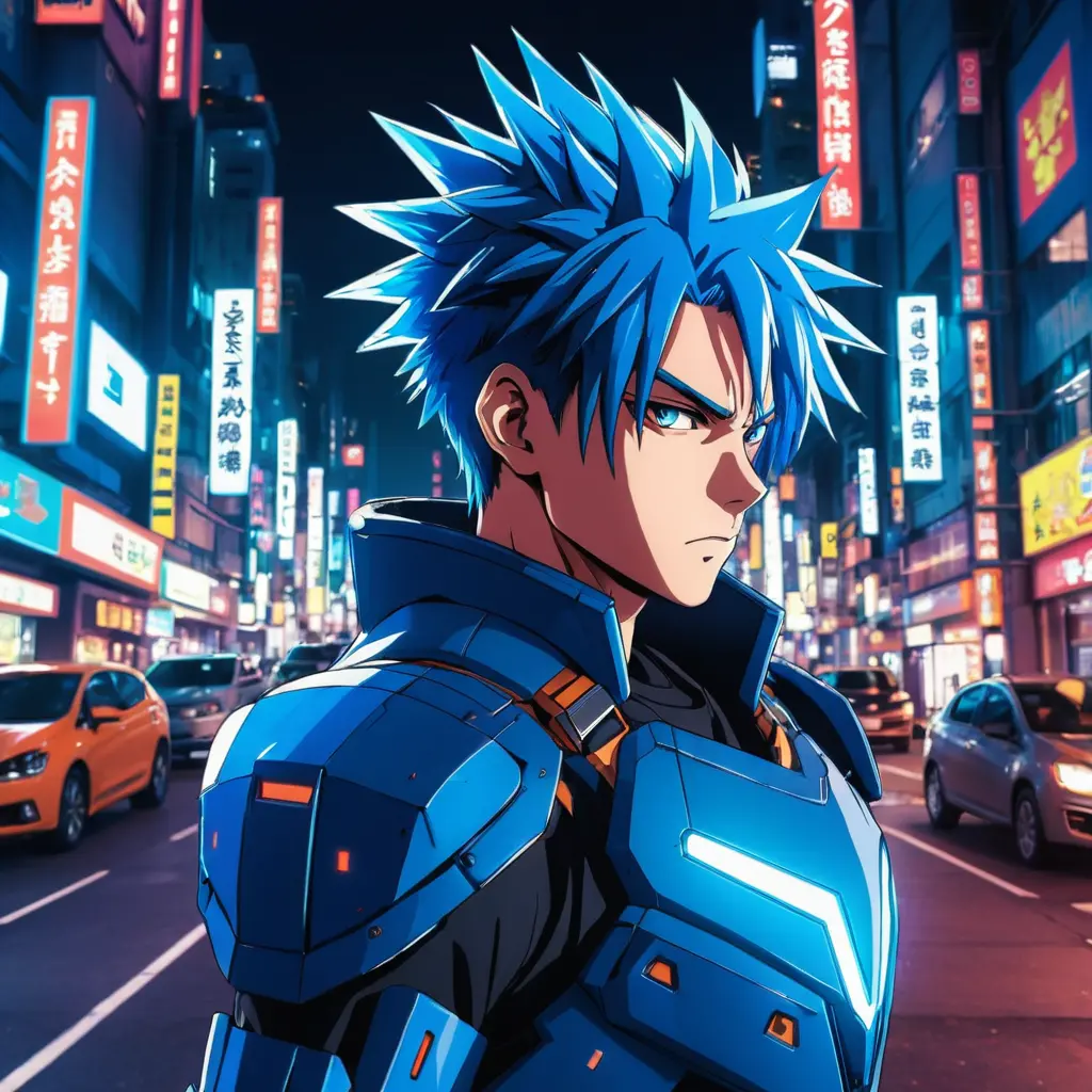 Anime hero in neon futuristic city at night