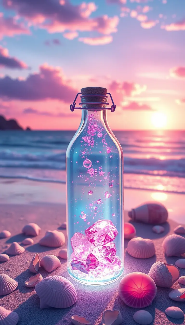 Floating glass bottle on a romantic sunrise beach