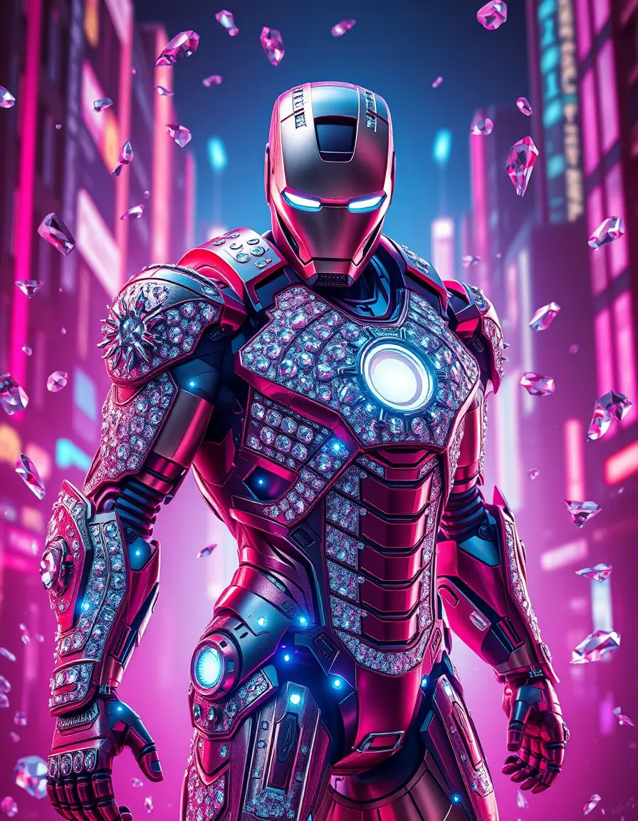 Armored Hero In Neon Cyberpunk City With Shimmering Crystals