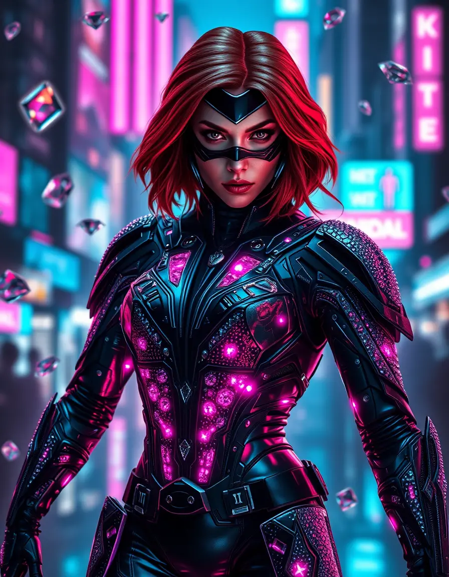 Cyberpunk warrior woman in diamond tactical suit