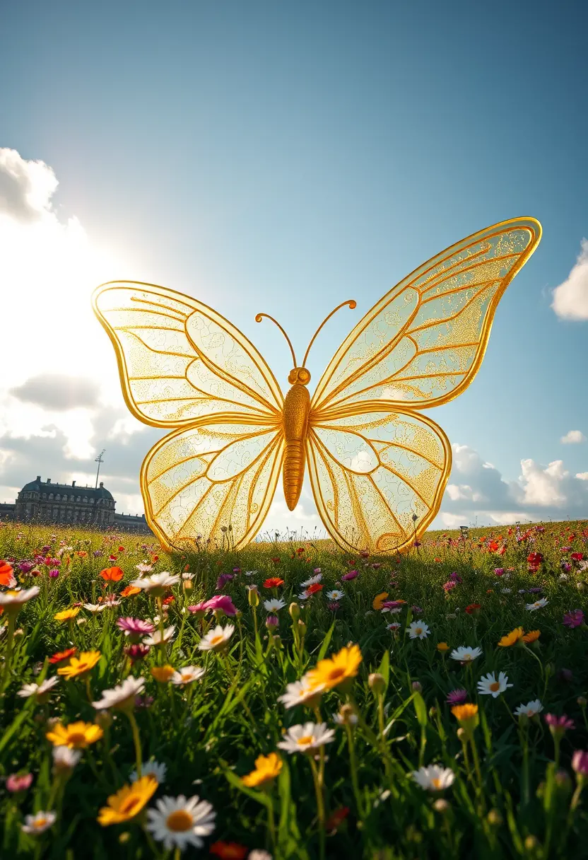 Golden butterfly statue glowing in a spring flower field