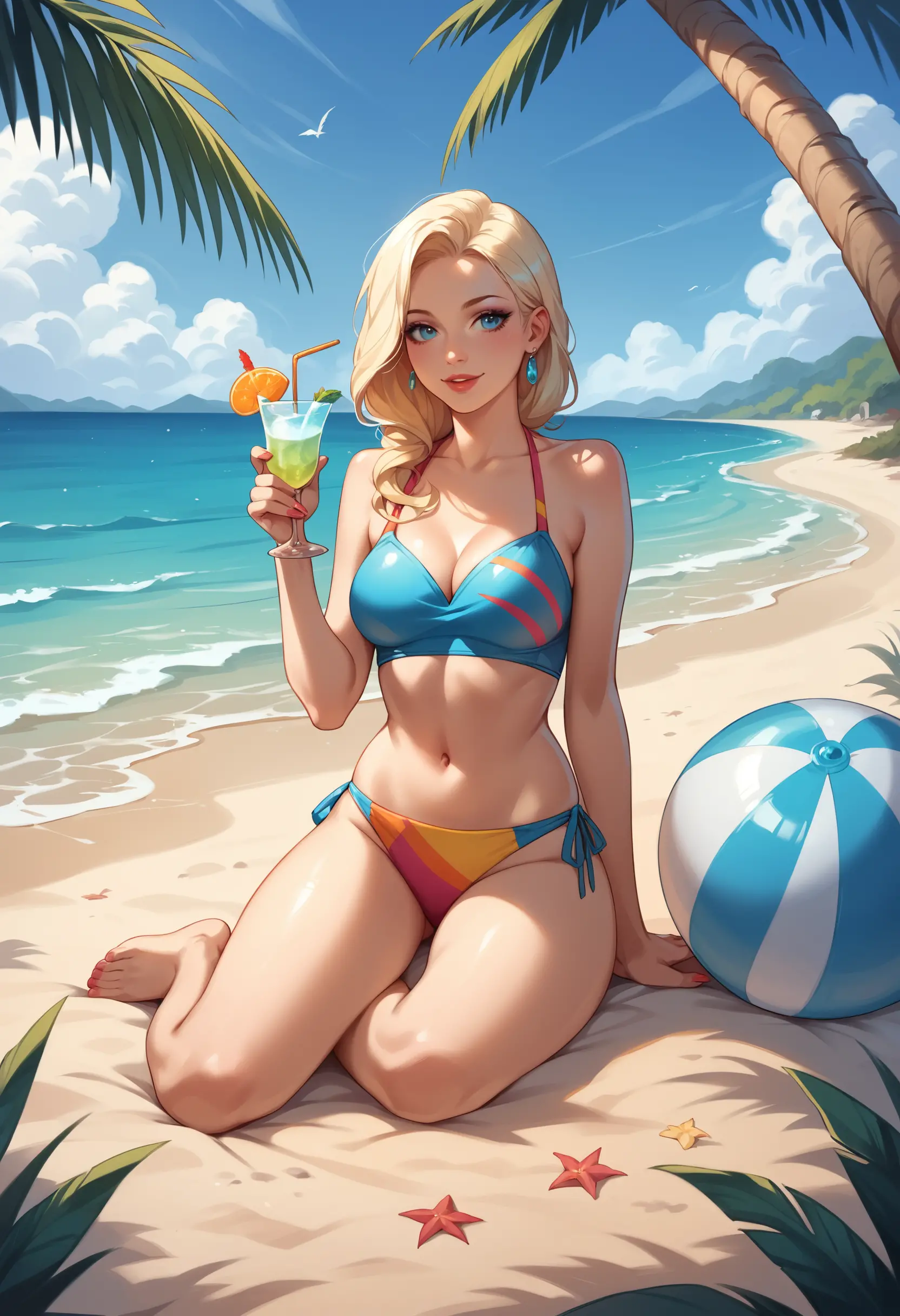 Young woman relaxing on sandy beach with lemonade