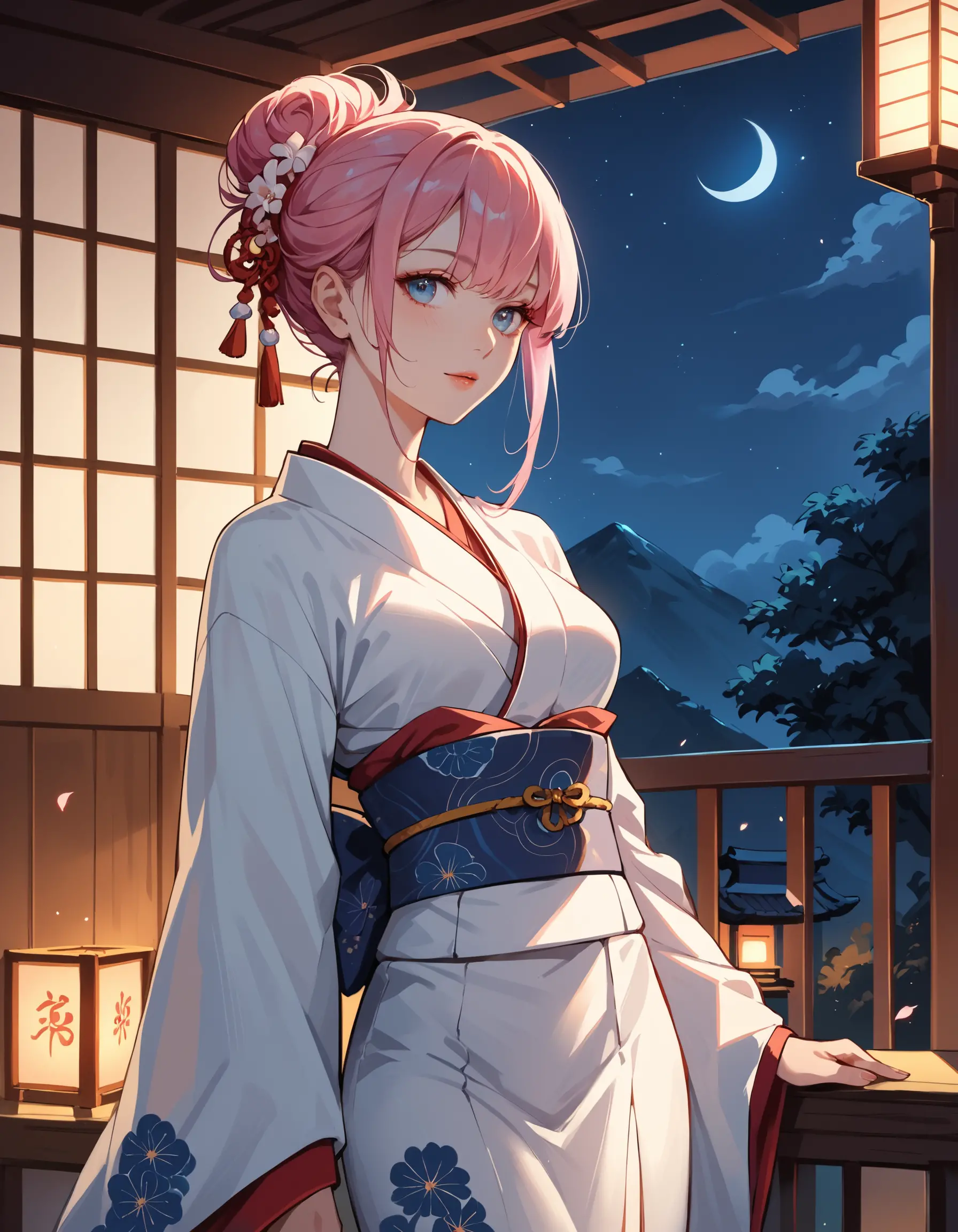 Pink haired woman in kimono at night in a japanese house