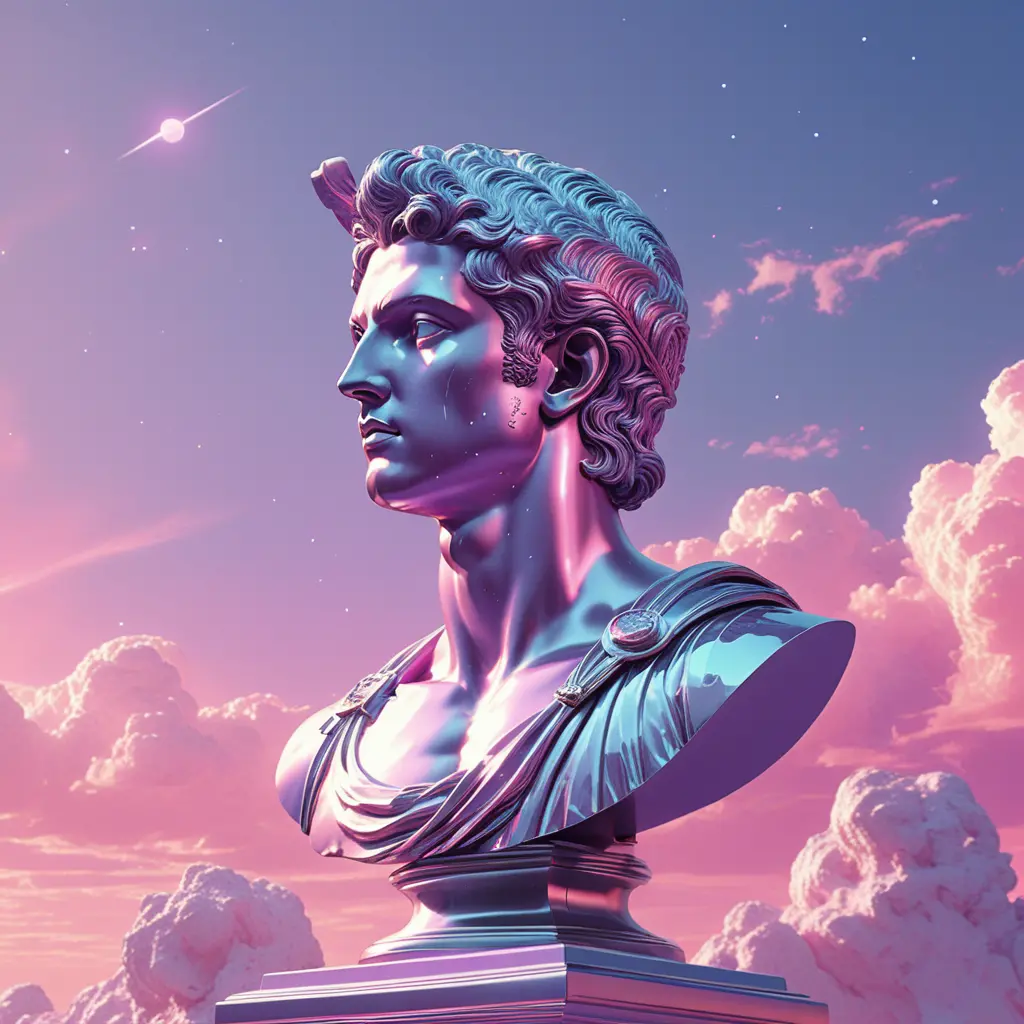 Stainless steel bust sculpture under a dreamy pink sky