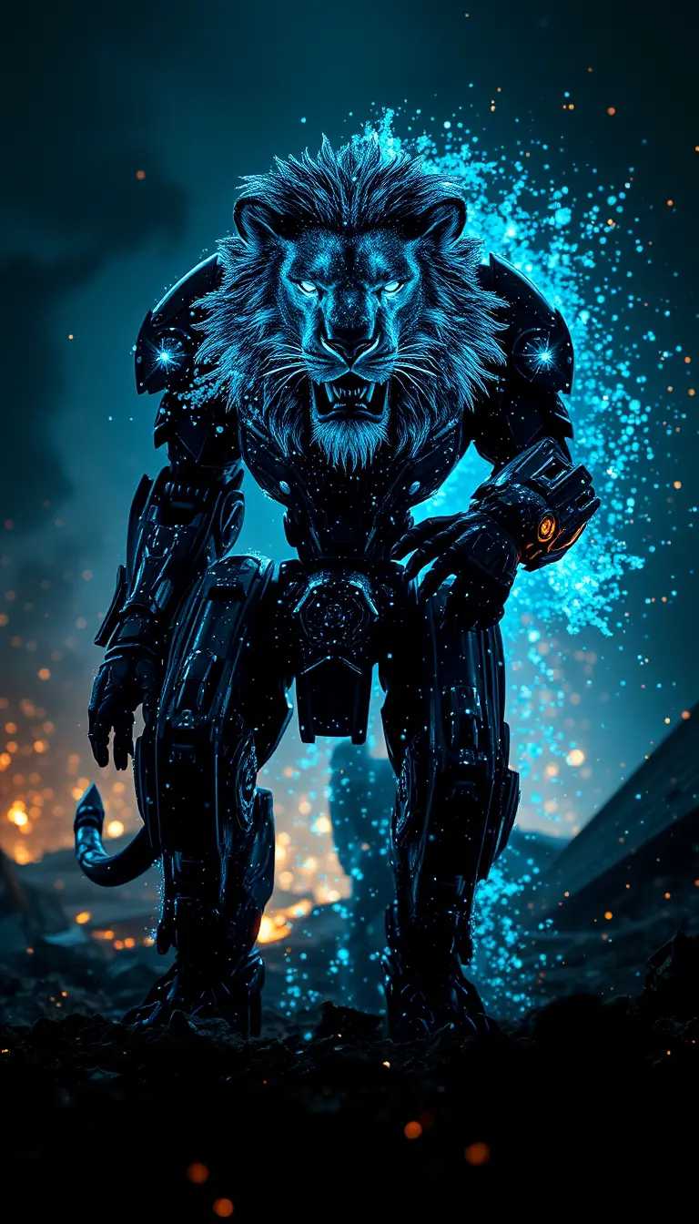 Futuristic lion mech warrior dissolving into glowing particles