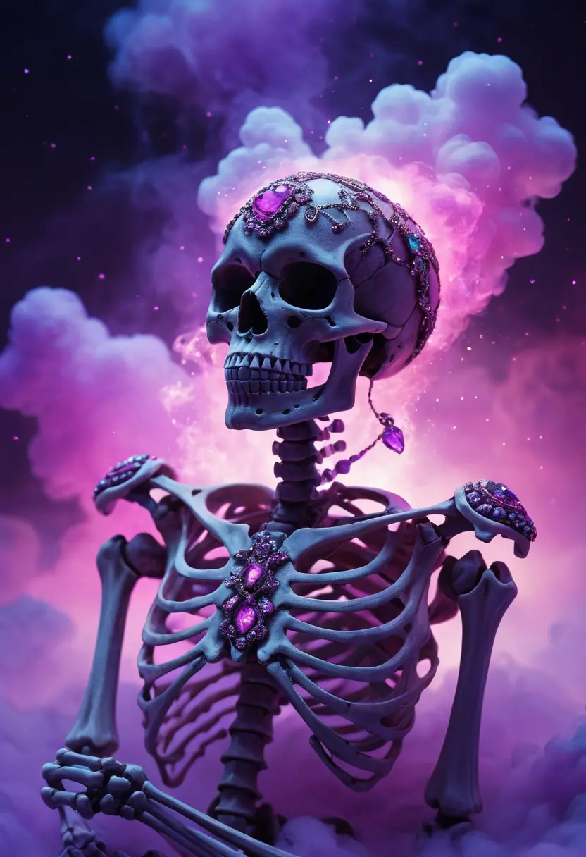 Mystical jeweled skeleton in glowing ethereal mist