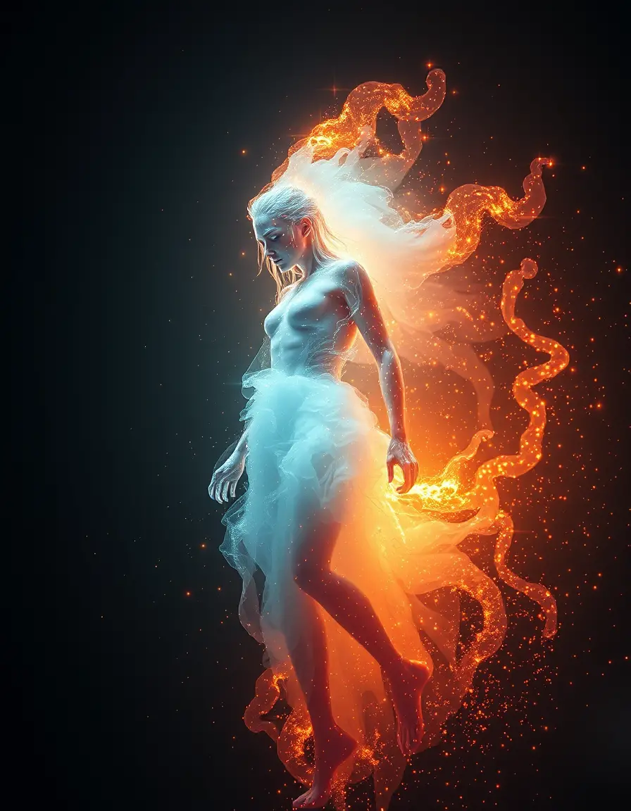 Mythical creature dissolving into glowing abstract fluorescence