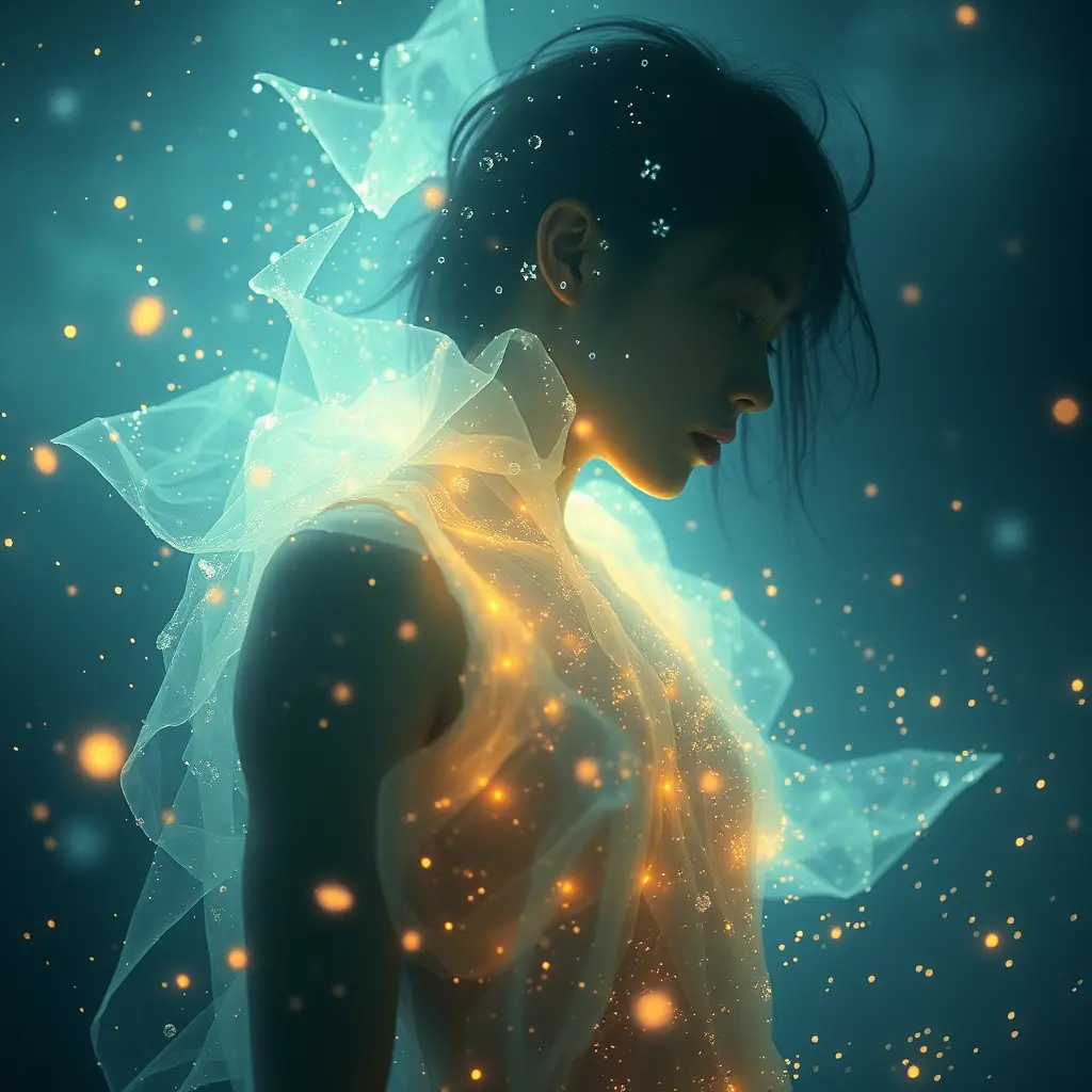 Mythical being dissolving into glowing fluorescent light