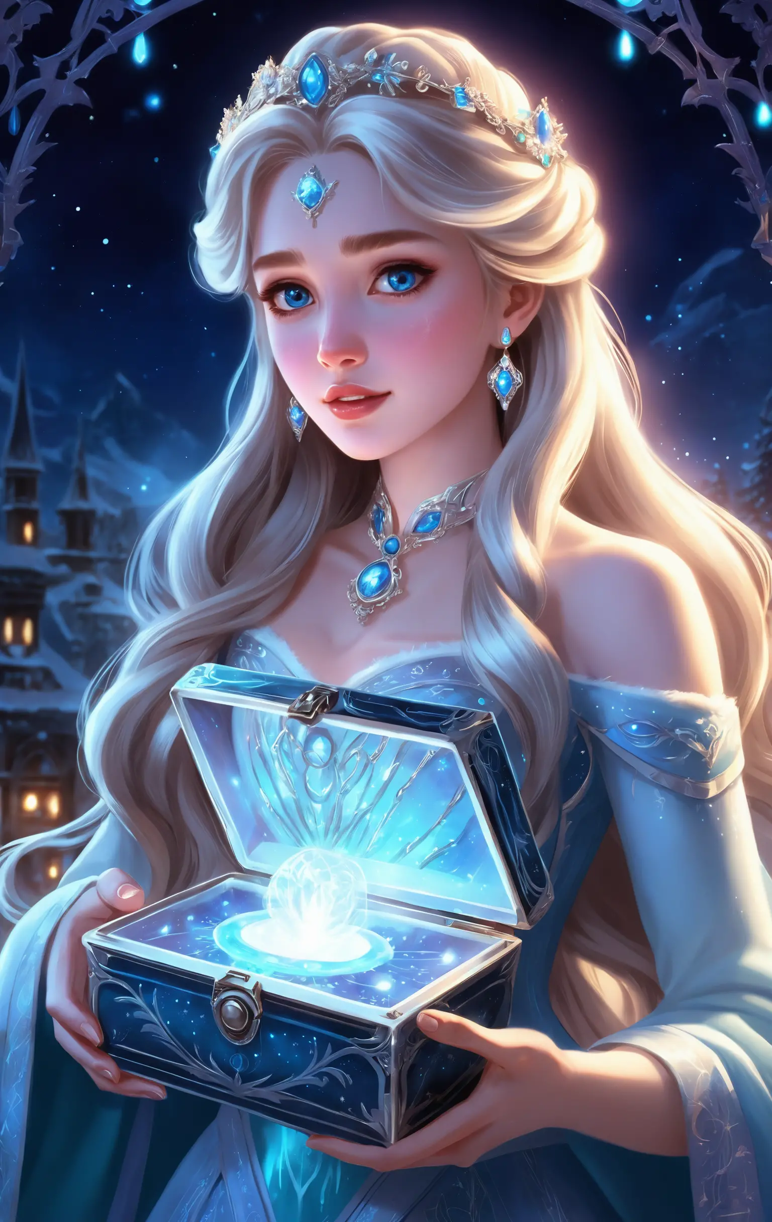 Anime goddess holding a mystical Pandora box with light
