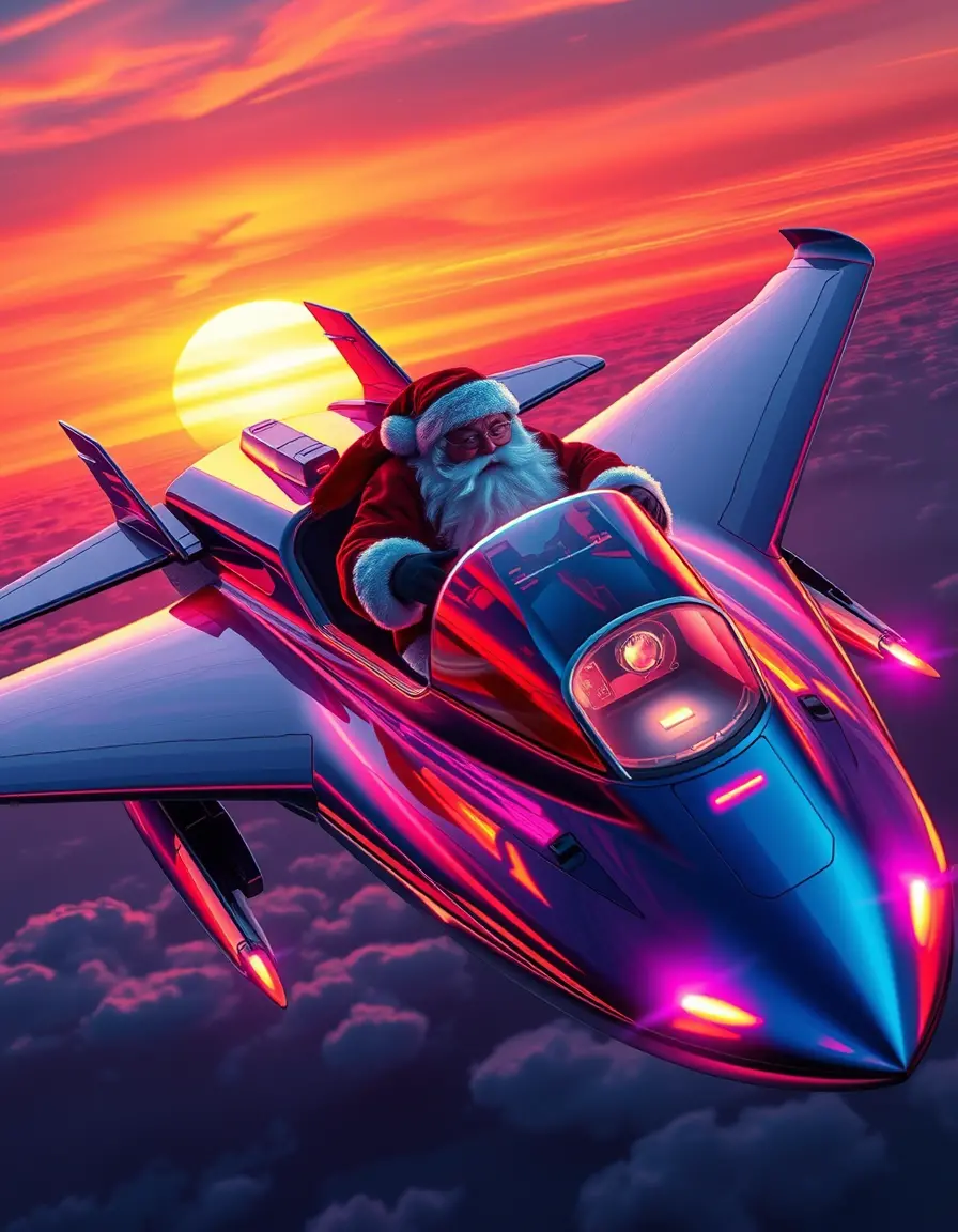 Santa Claus flying a futuristic aircraft at sunset sky