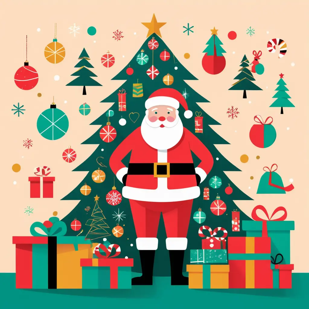 Minimal Santa And Geometric Christmas Tree Flat Illustration