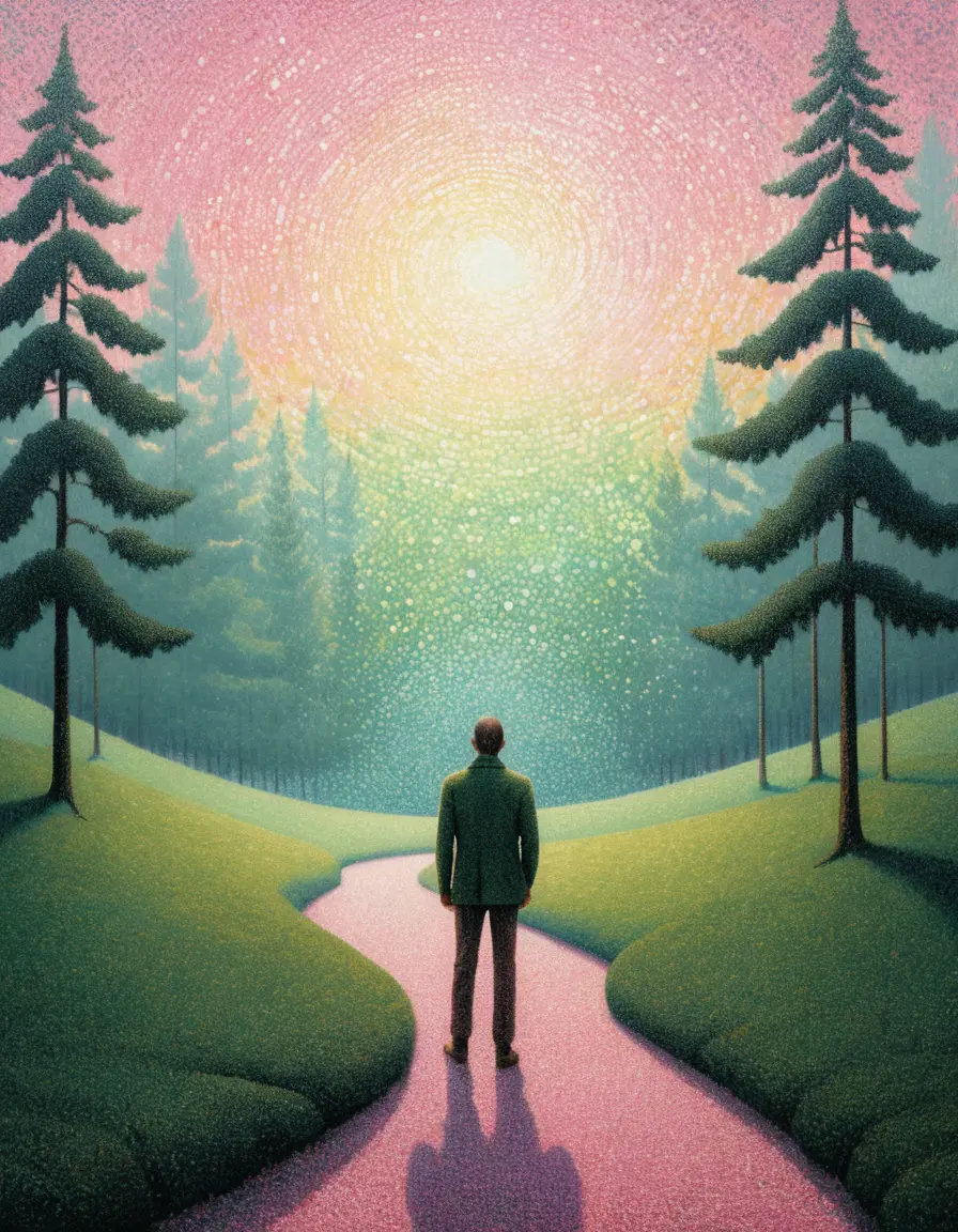 Man In Wilderness With Swirling Pointillist Lights