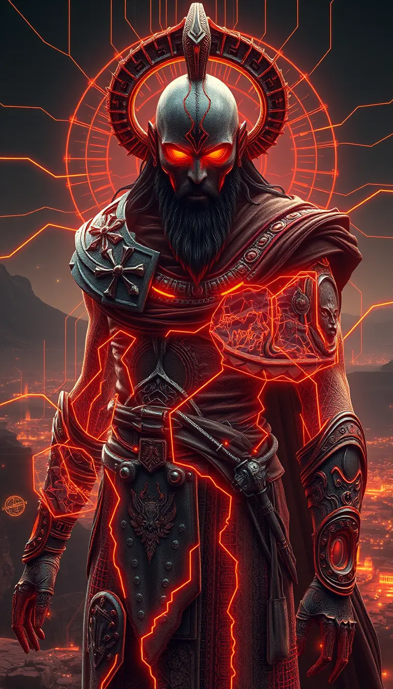 Mythic god of war amid holographic city at war