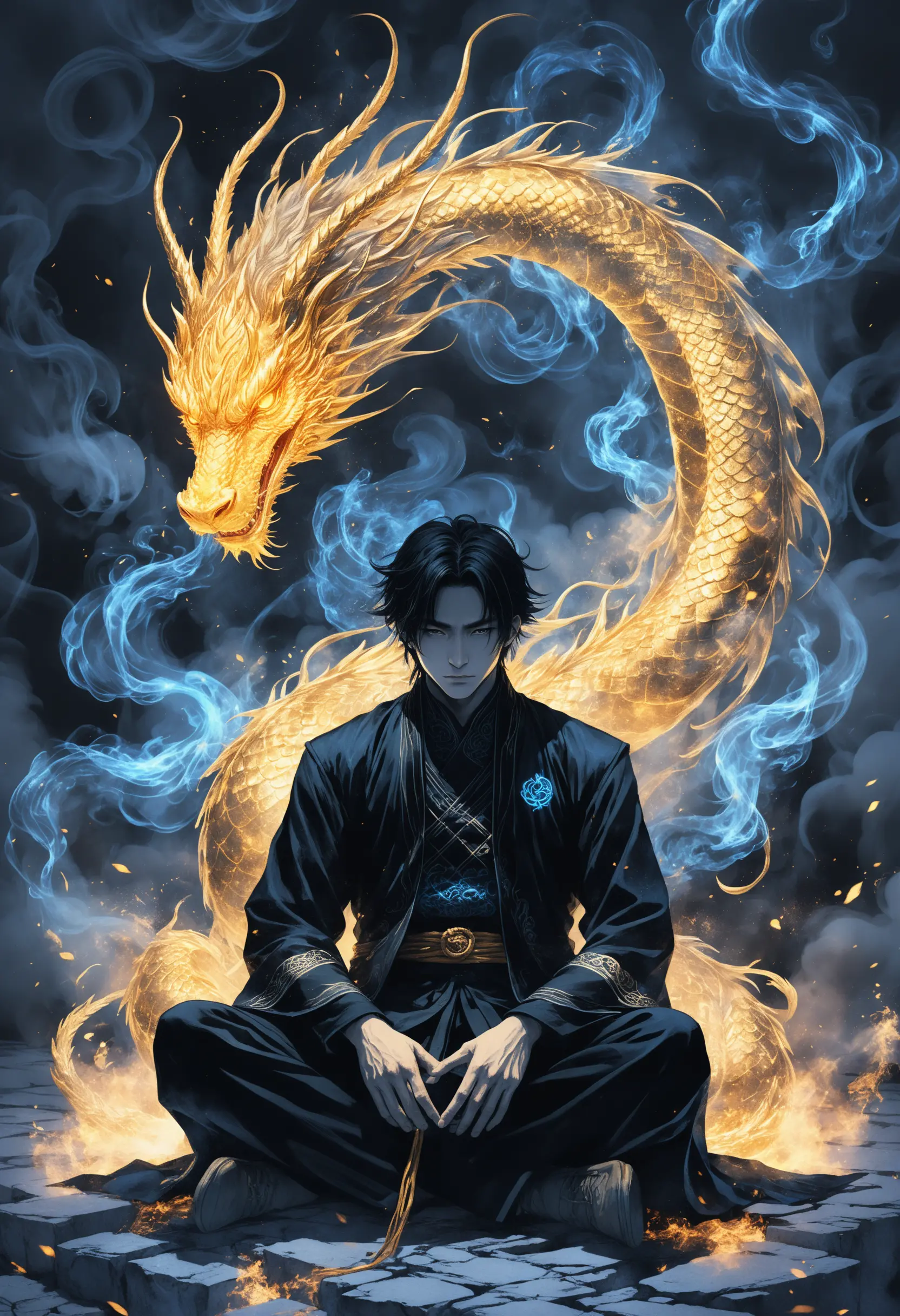 Man surrounded by golden dragon and blue mystical smoke