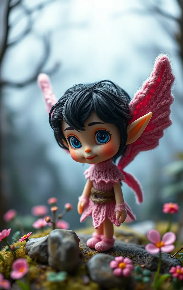 Tiny black haired elf fairy in a mystical forest