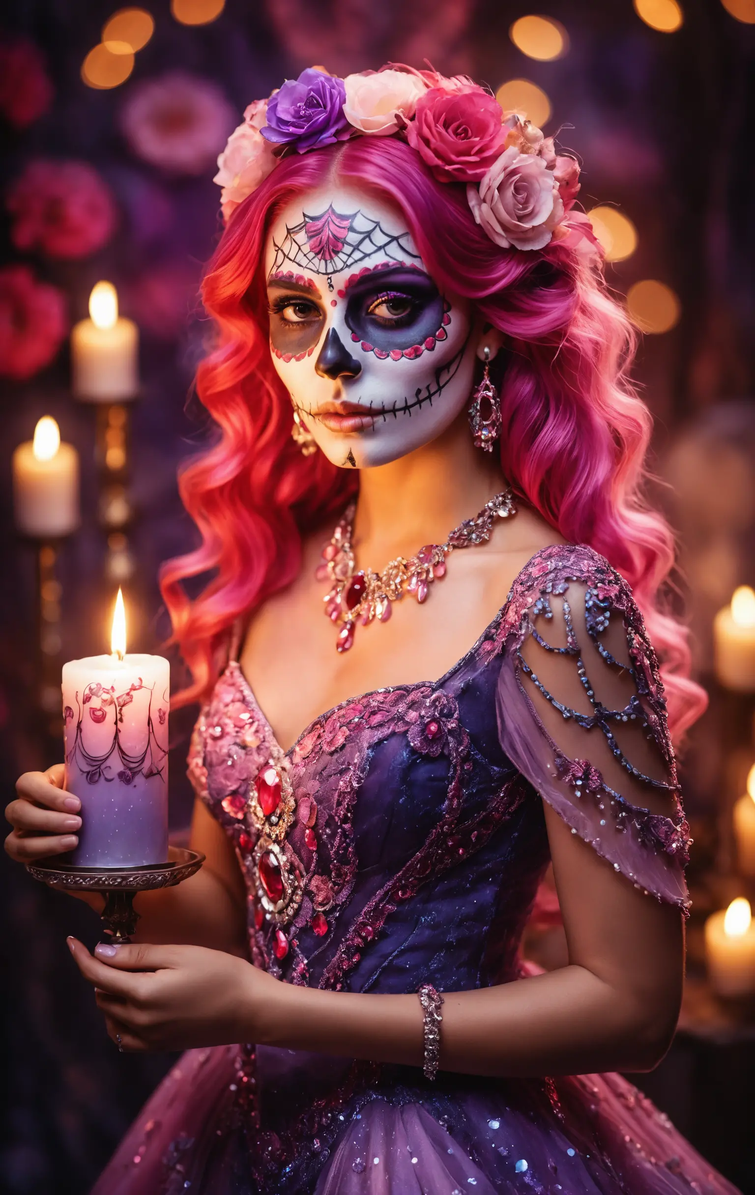 Mystical woman with sugar skull makeup and glowing candle