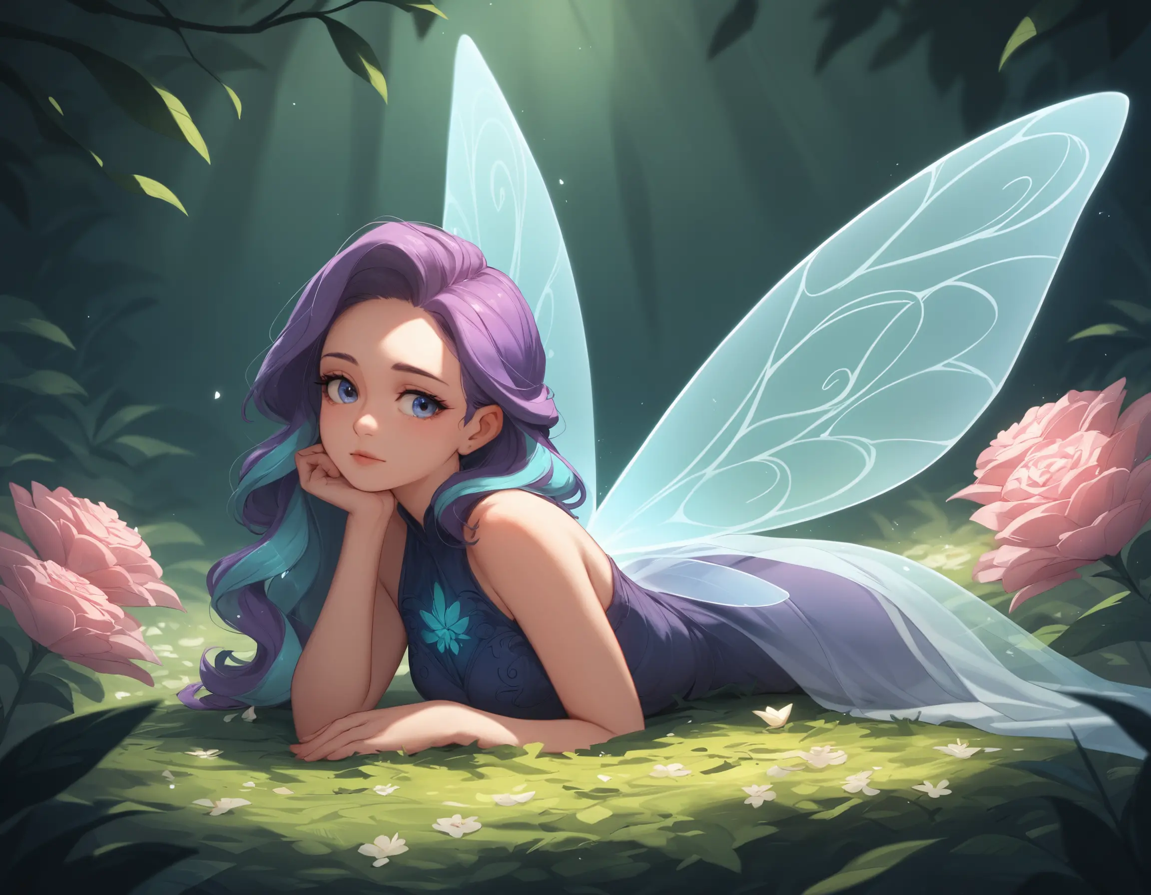 Glowing fairy resting on flowers in a magical forest
