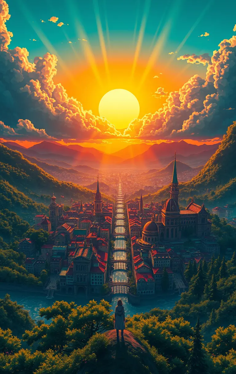 Colorful fantasy city at dusk under radiant golden sun