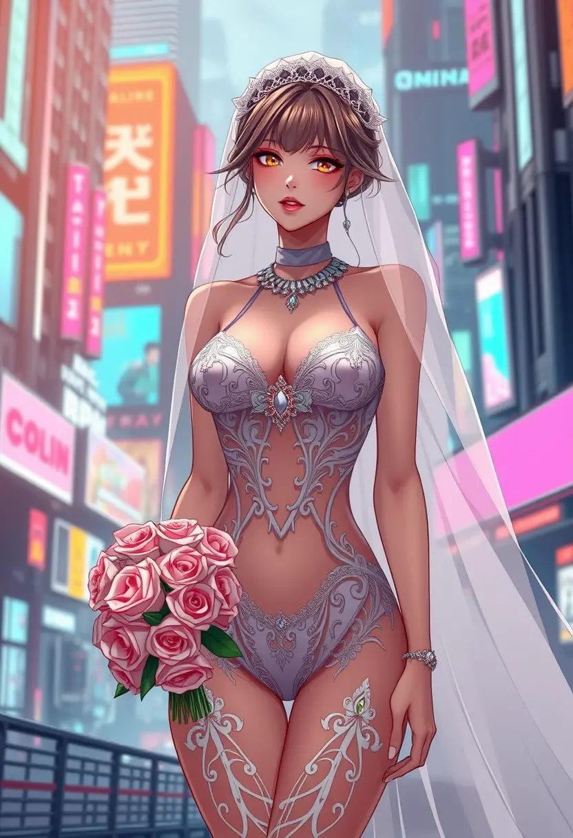 Anime bride in futuristic cyberpunk city with roses