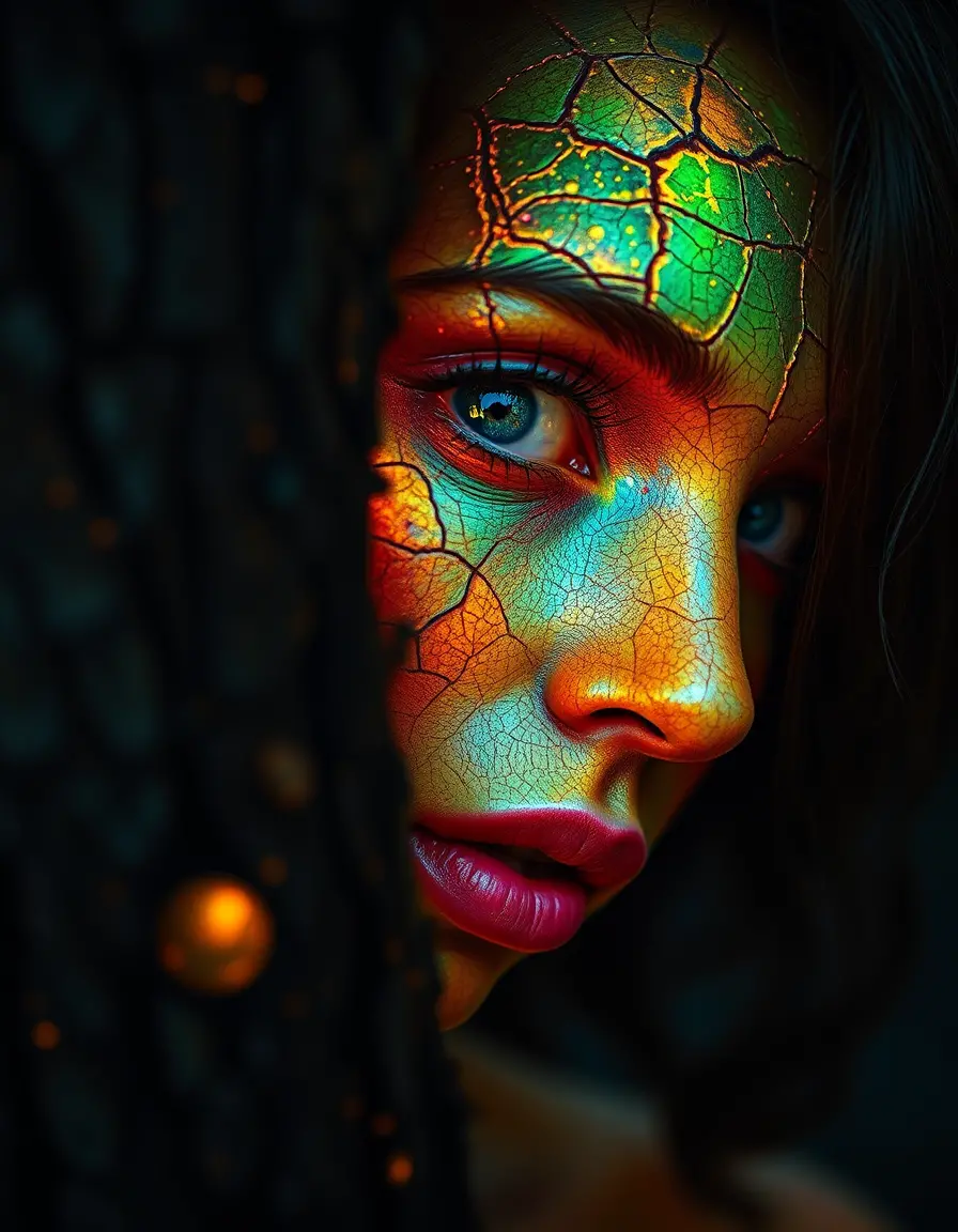 Surreal woman half hidden behind tree with glowing skin