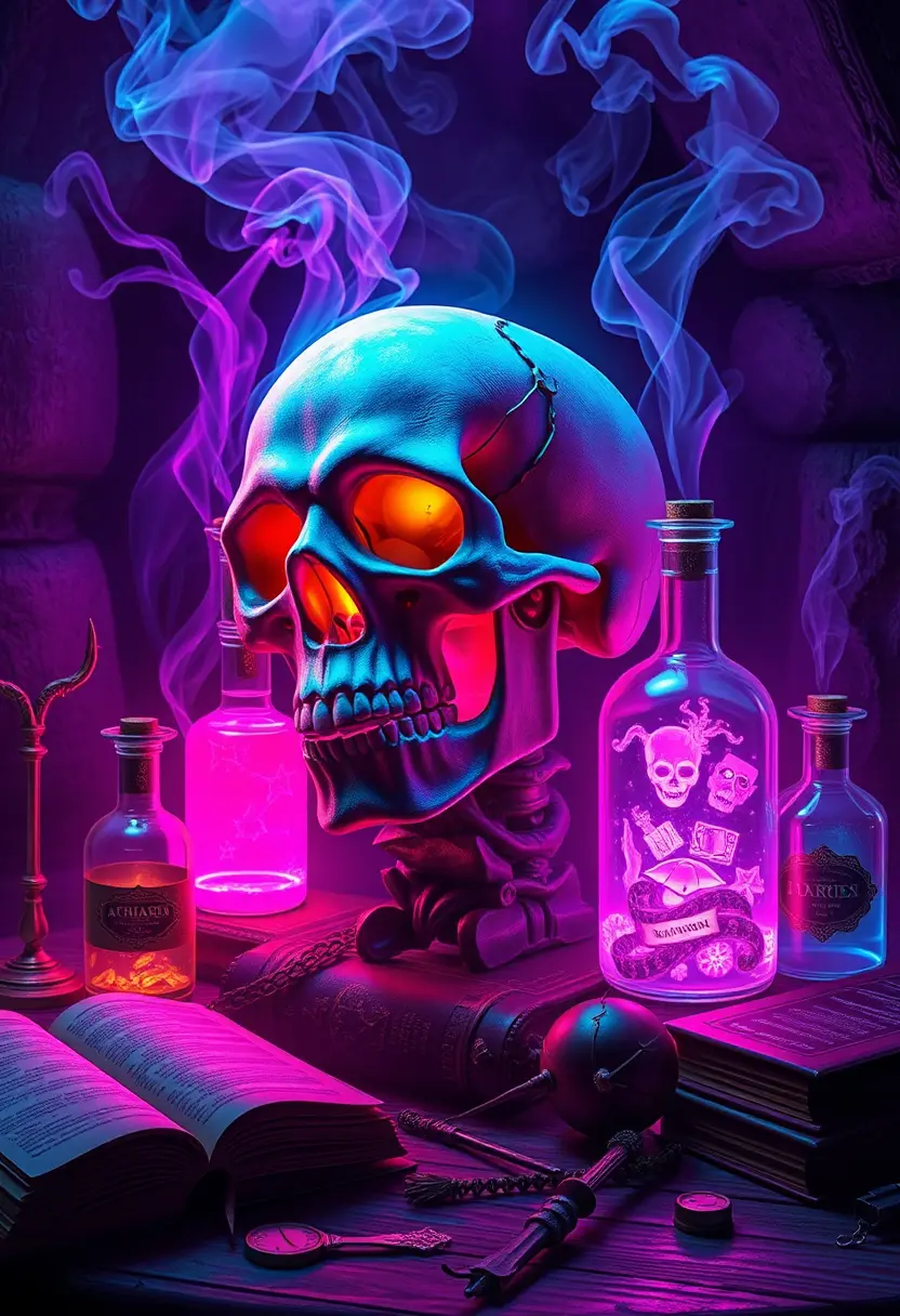 Mystical Skulls With Glowing Potions In Neon Light
