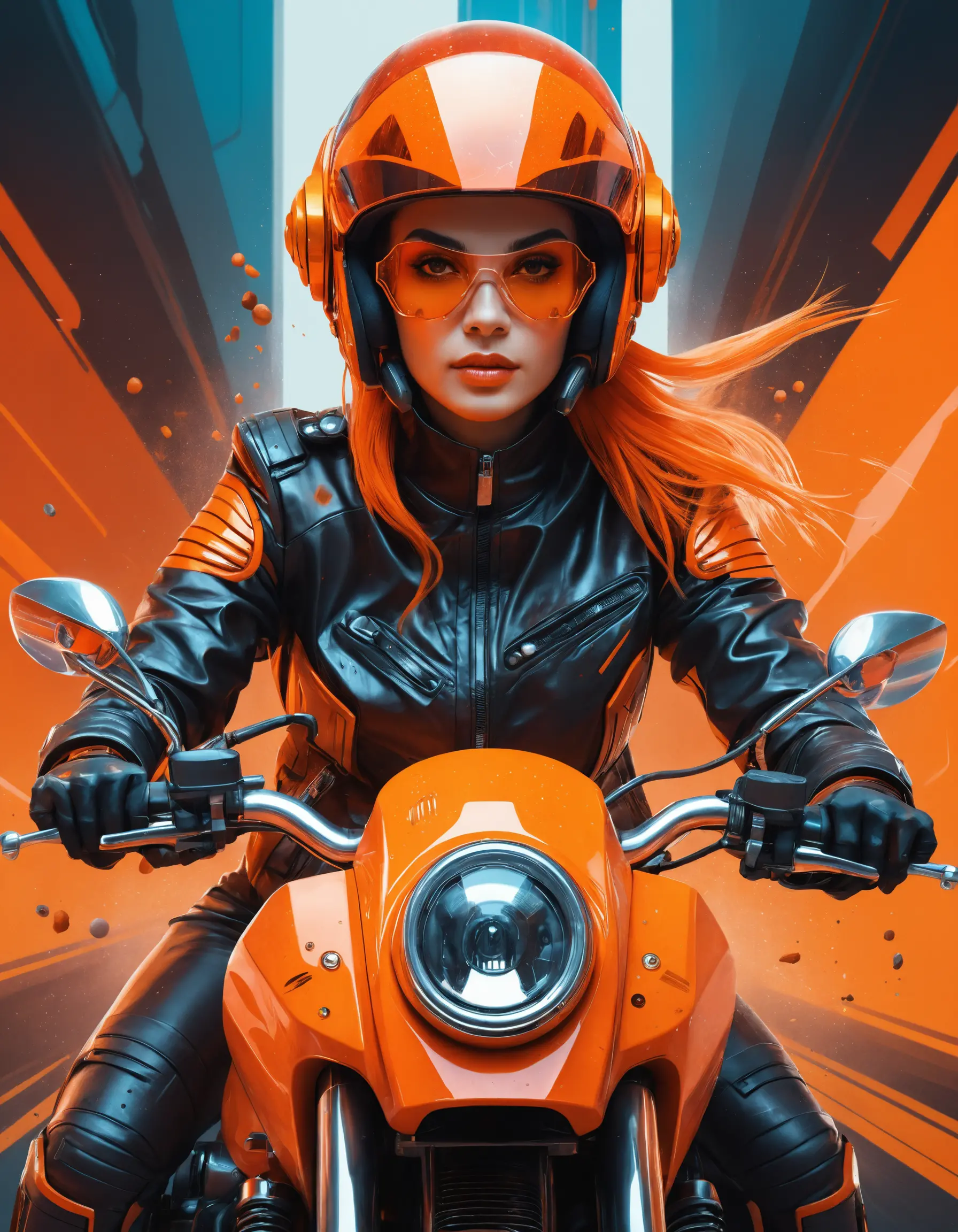 Cyberpunk woman riding orange futuristic motorcycle front view