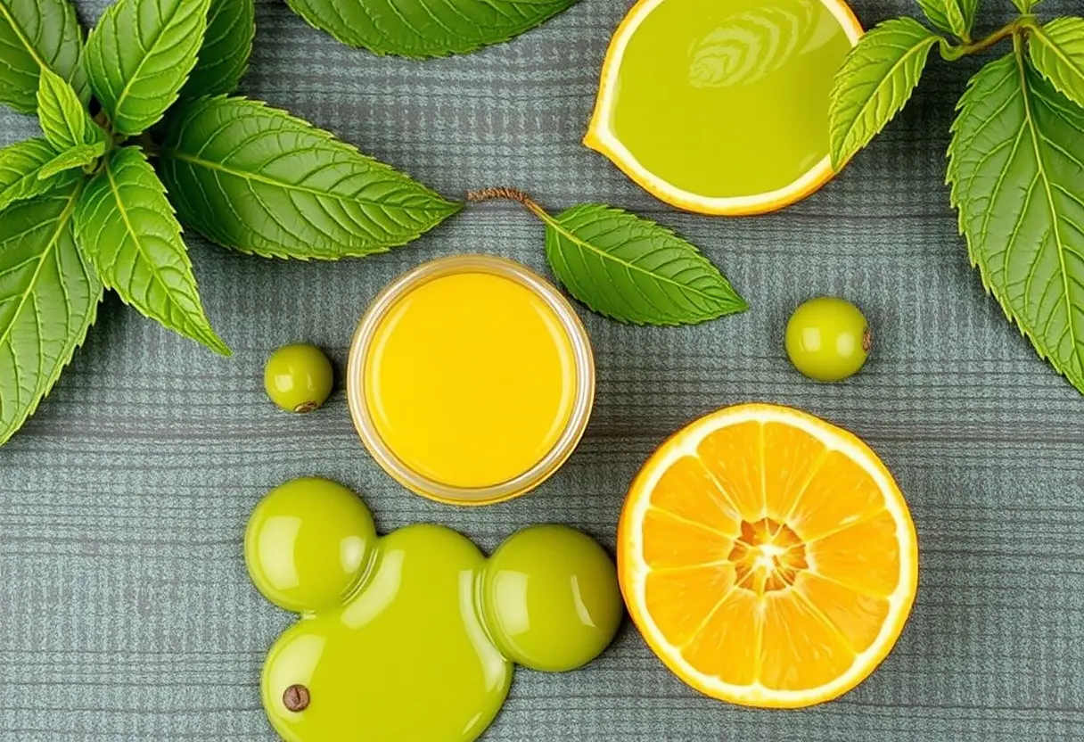 Green leaves, a lemon cut in half, yellow juice in a glass, and a sliced orange on a textured blue surface, with some green droplets and small fruits.