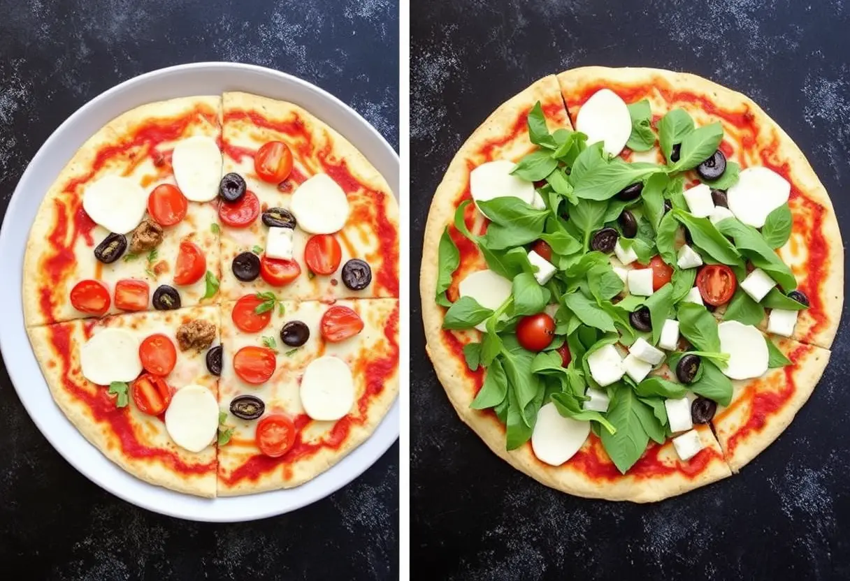 Two pizzas side by side. The left pizza has mozzarella, cherry tomatoes, olives, and fresh basil, while the right pizza has additional arugula and cubed cheese.